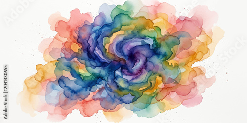 Photos Vibrant swirls of watercolor paint in a spectrum of rainbow colors create an abstract, dynamic pattern, resembling a colorful nebula or a blooming flower