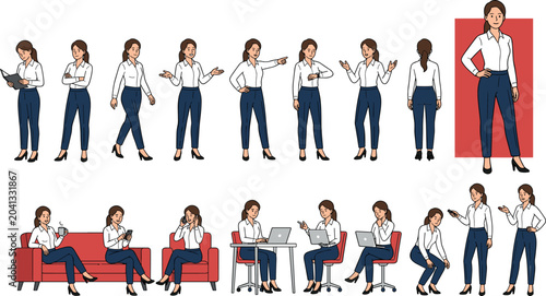 Flat business woman character pose set vector illustration with office work, gestures, laptop, meeting, and professional activities