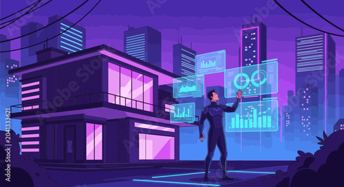 Futuristic Data Analyst Presenting Digital Business Metrics