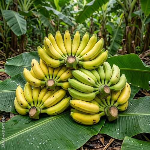 Fresh yellow bananas in green foliage background.