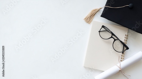 Graduation cap, diploma, glasses, and notebook arranged cleanly with free space for text on white background