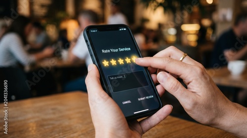 Person rating service on smartphone in a restaurant setting with blurred background