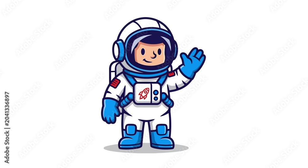Fototapeta premium Cute Astronaut Waving Hello, Space Explorer Character, Cartoon Style
