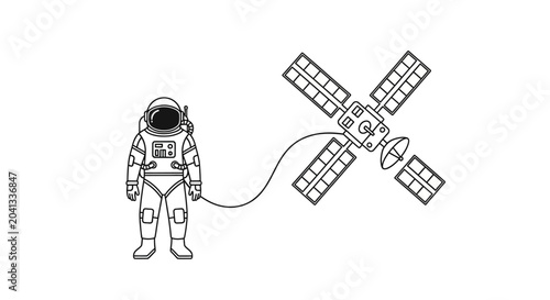 Fényképezés Astronaut Tethered to Satellite in Space - Minimalist Line Art