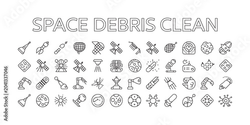 Tableau sur toile A collection of thin line icons related to space debris cleaning, featuring satellites, robotic arms, space junk, and orbital cleanup technology