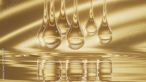 Photorealistic luxury skincare serum droplets falling into golden liquid with reflection emphasizing elegance purity and high end beauty treatments on transparent background