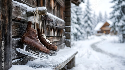 Vintage leather ice skates hanging on a rustic wooden cabin in winter