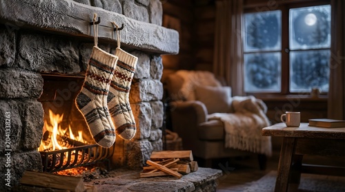 Two knitted stockings hanging by a stone fireplace in a cozy cabin interior