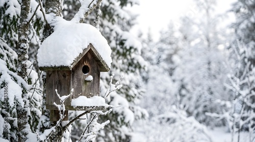 Wooden birdhouse on a forest tree covered in fresh white snow in winter