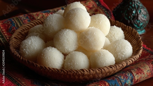 White Coconut Ladoo Piled in Woven Basket on Colorful Textile