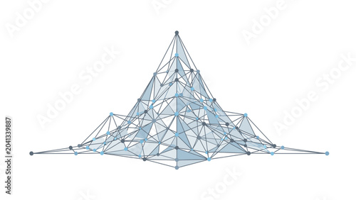 Dynamic abstract low-poly mountain structure, a digital network visualization with interconnected nodes and triangular facets, representing data and technology concepts.