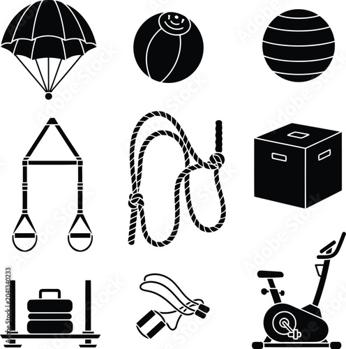 Black and White Fitness and Sports Equipment Icon Set Isolated on White Background