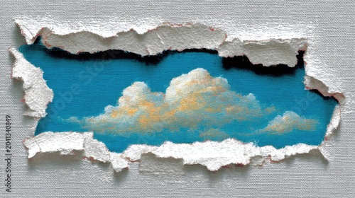 Textured Torn Paper Revealing Painted Cloudscape on Blue Background