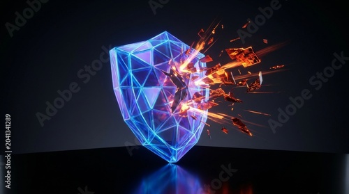 Shattering digital shield symbolizing data protection breakdown with protection security breakdown
