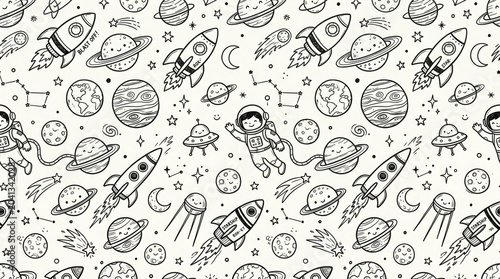 Seamless pattern of space exploration doodles with rockets planets astronauts outer space sci