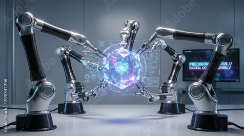 Multiple robotic arms collaborating around a glowing digital sphere in an advanced research lab