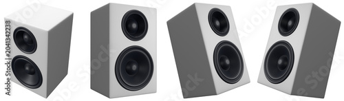 Obraz na płótnie Four modern white loudspeakers, showcasing sleek design and audio clarity from various angles on a transparent