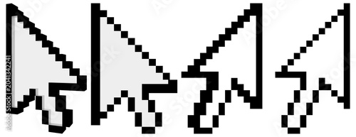 Four distinct pixelated computer mouse pointer arrows in varied styles, some with 3D elements.