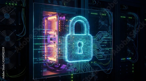 Cybersecurity digital padlock on circuit board background symbolizing data protection and internet
