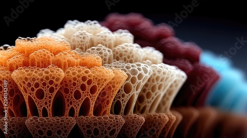 Closeup Colorful Organic Foam Structures Arranged in Row on Dark Background