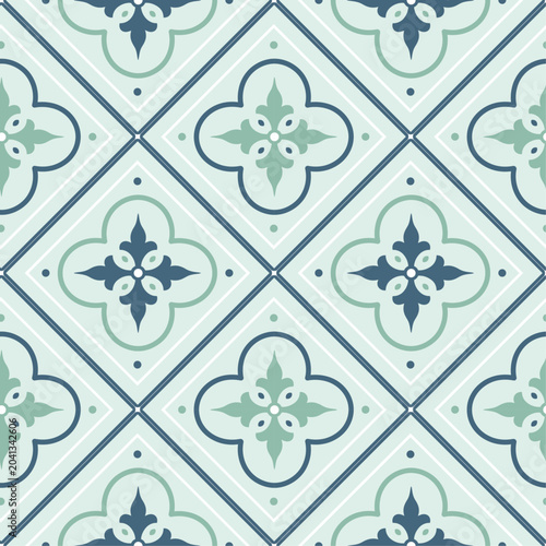 Mint Blue Quatrefoil Tile Seamless Pattern Elegant Vintage Ceramic Wallpaper