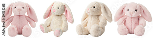 Collection of four adorable stuffed rabbits in pink and cream, showcasing various poses.