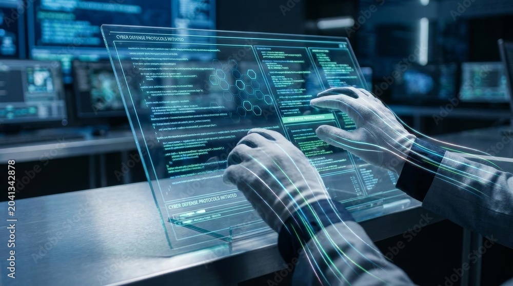 Fototapeta premium Scientist or developer interacting with transparent holographic screen displaying code and data