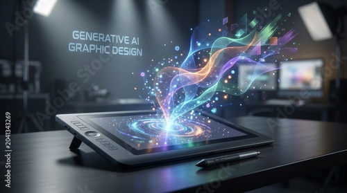 Digital drawing tablet with colorful energy waves for generative graphic design concepts, high tech