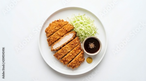 Chicken Katsu Plate Top View Sliced Chicken Katsu With Crispy Coating On White Round Ceramic Plate Isolated On Pure White Background Premium Japanese Food Presentation
