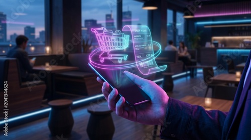 Digital Shopping Receipt and Cart Hologram on Smartphone in Modern Cafe