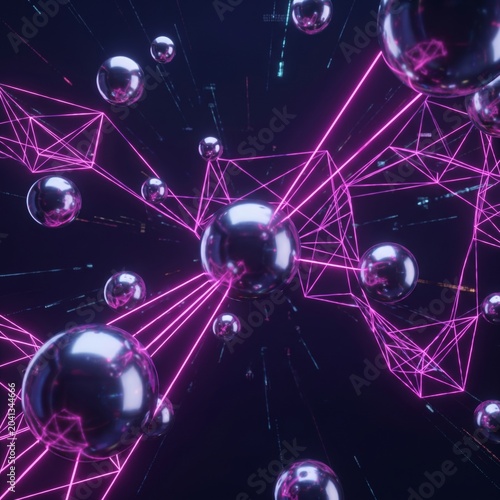 Abstract digital network connections with glowing nodes and neon purple data lines in dark space