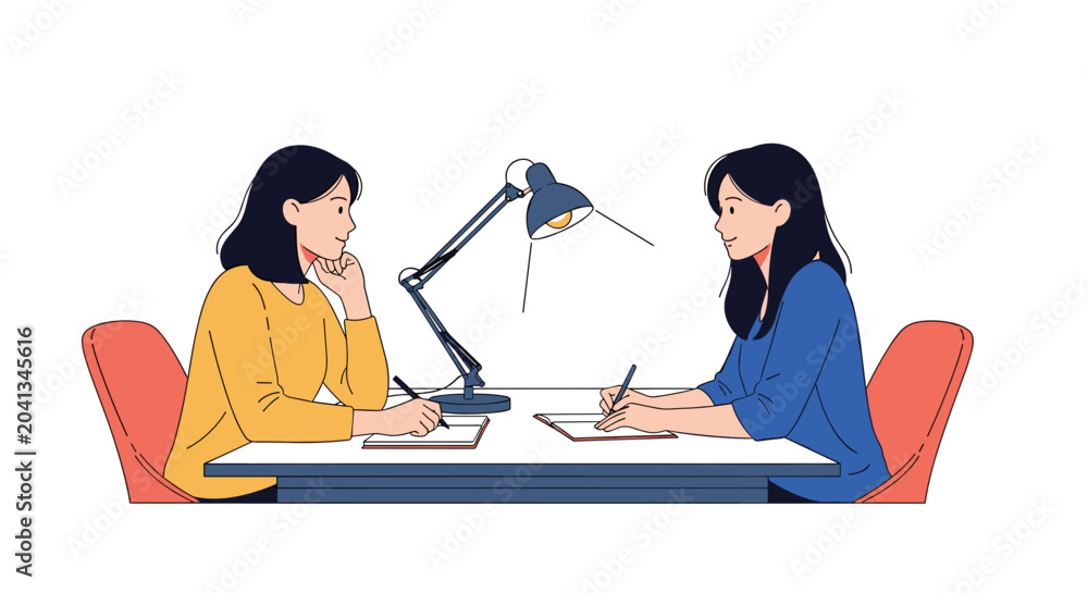 Fototapeta premium Two women sitting at a desk with a lamp studying and taking notes together in a focused academic or work environment.