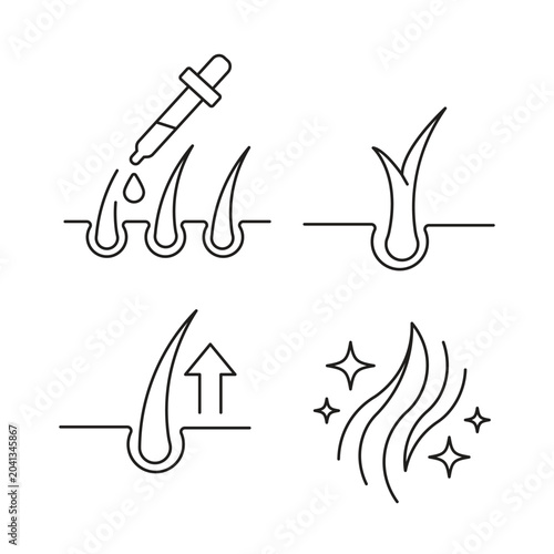 Hair care line icon set including follicle treatment, growth serum dropper, strong root, and shiny strand.