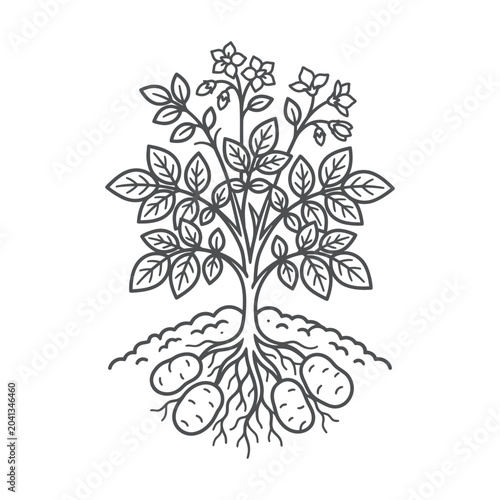 Botanical line art of a potato plant with roots.