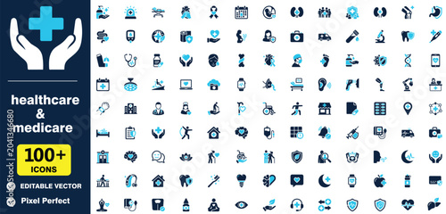 Fotografie Healthcare and medicare icons set vector illustration of medical and wellness sy