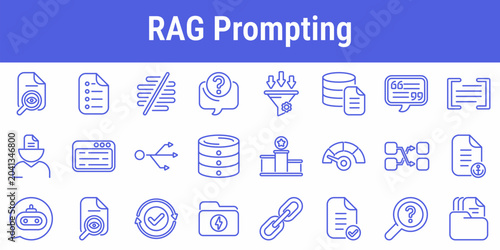 Foto RAG prompting line icons with retrieval documents database citations filters con