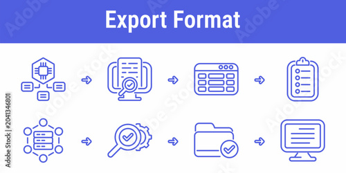 Foto Export format workflow icons with schema model report review table layout checkl