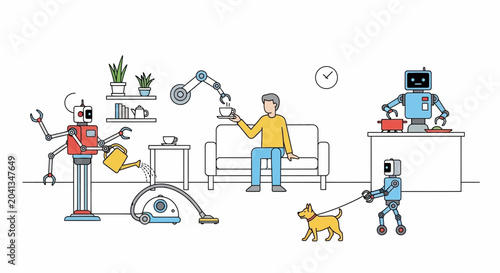 Foto Robots assisting in daily life, domestic chores and pet care with human