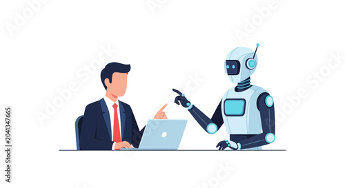 Foto Businessman and Robot Collaborating on Laptop, Future Technology and AI Integrat