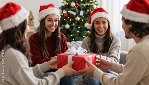 Friends exchanging christmas gifts, dressed in santa hats and smiling in front of a tree
