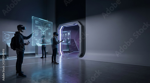 People in virtual reality headsets interacting with holographic data