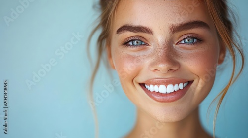 Close-up of a young caucasian woman with perfect white teeth smiling, Beauty and dental care. with copy space on the right side