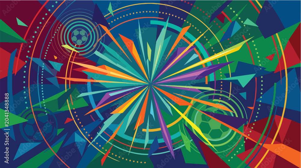 Fototapeta premium Abstract illustration of a football with colorful geometric shapes and radial lines design
