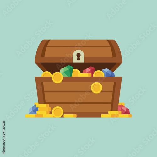 Foto An open wooden chest filled with gold coins and colorful gems