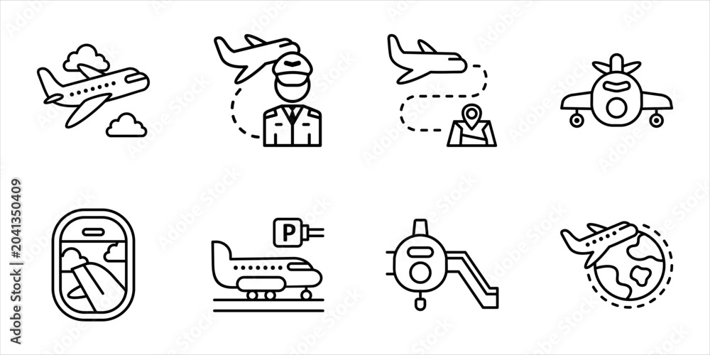 Obraz premium Airplane Travel Airport Icon Set Featuring Aircraft in Sky Pilot Cockpit Navigation Route Front View Passenger Window Gate Parking Boarding Stairs and Global Travel Outline Style