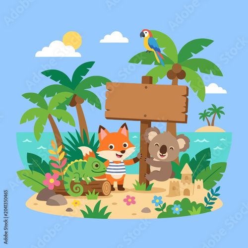 Photography Cute cartoon animals playing on a sunny tropical island beach