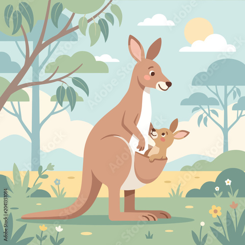 Canvastavla A mother kangaroo carries her small joey in a sunny meadow