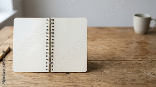 Open blank spiral notebook on a wooden table with coffee cup
