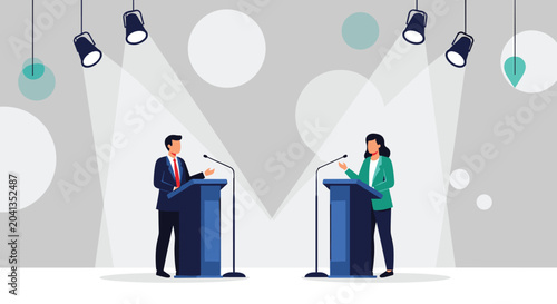 Professional man and woman engaged in a formal debate or presentation standing behind podiums under bright spotlights in a modern studio.
