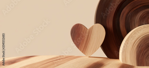 A wooden heart stands as a symbol of natural love and affection, set against a backdrop of warm, earthy tones and organic wood textures.